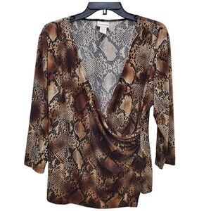 Chico's Vintage Brown Tan Snake Print Liquid Knit 3/4 Sleeve Blouse Sz 2